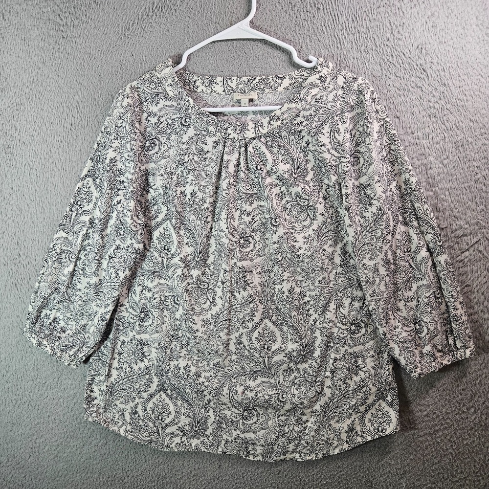 Talbots Top Blouse Women Medium Paisley Print Black White‎